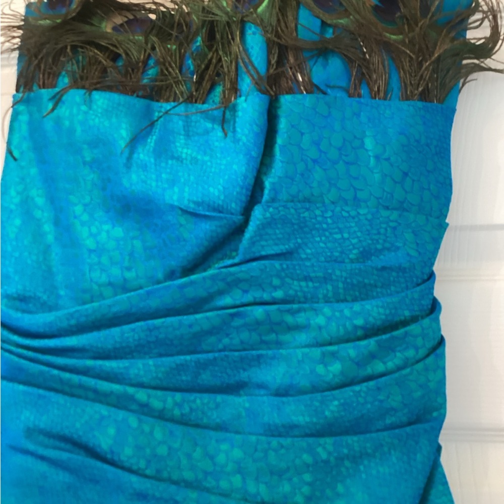 Victor Costa Teal Dress with Feather Accent
